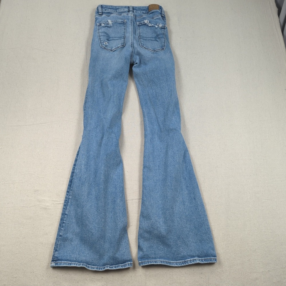 American Eagle Jeans Women 2 Blue Long Super High Rise Flare Stretch Boho Hippie - Picture 13 of 16
